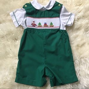 Smocked Christmas shortall Green Santa jon jon 2T